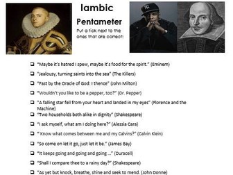 Iambic Pentameter worksheet song lyrics quotes Shakespeare homework KS3