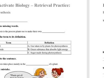 KS3 Activate Biology – Retrieval Practice: Photosynthesis (Answers Included)