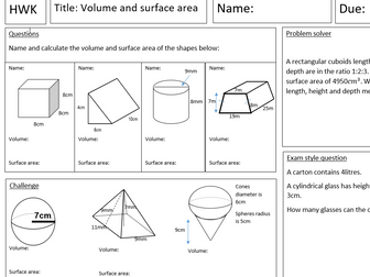 Volume and surface area homework