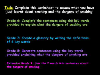 Differentiated Smoking Worksheet and PowerPoint instructions for GCSE Grades 6, 7, 8 and 9