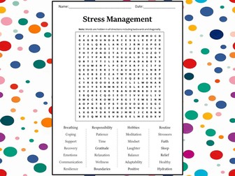 Stress Management Word Search Puzzle Worksheet Activity