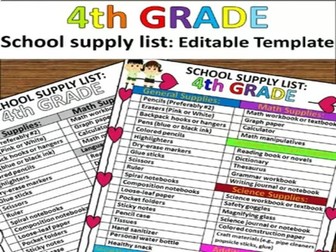 4th Grade School Supply List | Editable Printable Back to School Parent Handout