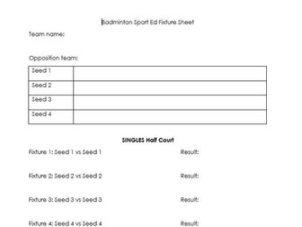 Badminton Sport Ed Fixture Sheet