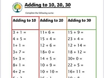 Adding to 10, 20 and 30 Worksheets | Addition Practice | KS1 Maths