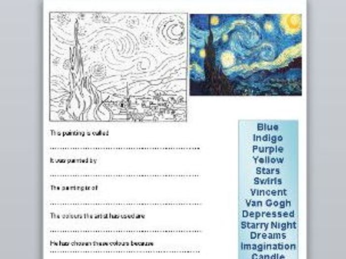 vincent van gogh starry night question sheet colouring frame by starry night sheets