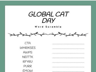 Global Cat Day word scramble puzzle worksheet Activity