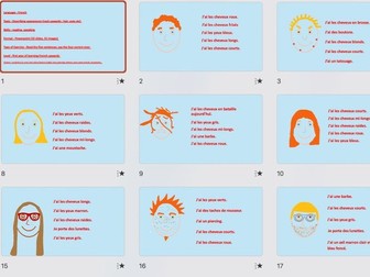 French, appearance (hair & eyes), powerpoint, with answers, first year upwards.
