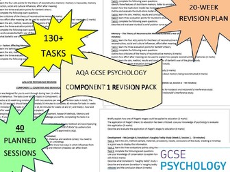 AQA GCSE Psychology Component 1 Revision Pack, 130+ tasks, 40 sessions, 20 week plan