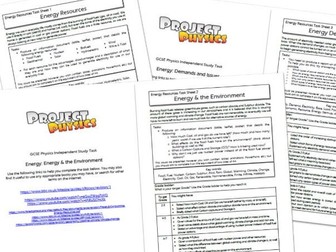 GCSE Physics Independent Study Tasks with 9-1 Grade Ladder - Energy Resources - Whole Unit