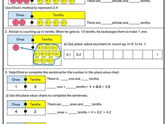 Year 4 Tenths on a place value chart Foundation worksheet