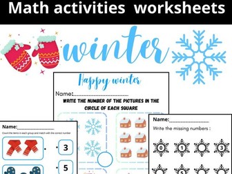 December winter math worksheets toddlers,kindergarten , numbers counting