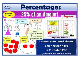 25 Percent of an Amount Lesson Note, Worksheets and Answers