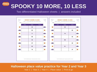 FREE Halloween Maths | 10 More 10 Less Worksheets | Year 2 & Year 3 Place Value