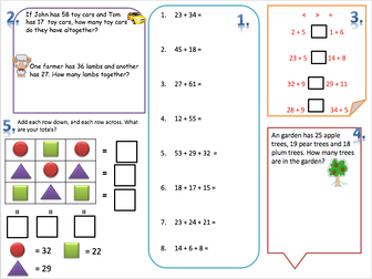 Year 2 Addition Mix  Worksheets: number sentences, word problems, puzzles, < > =, differentiated x3