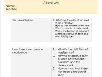 Tort Law Full Work booklet - Negligence