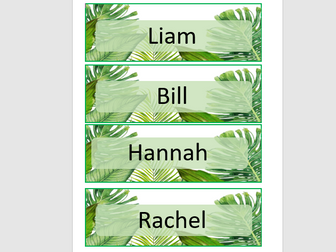 Nature themed drawer labels, green foliage.