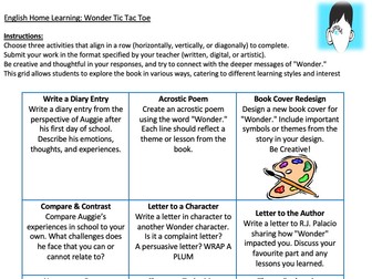 Wonder by R.J Palacio Home Learning Tic Tac Toe Grid