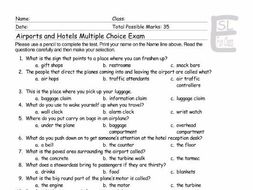 Airports and Hotels Multiple Choice Exam Worksheet, Answer Key And Sheets