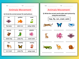 Preschool Movements of Animals Worksheets for Kindergarten