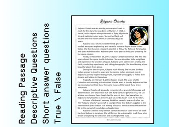 Kalpana Chawla Biography Reading Comprehension Passage Printable Worksheet PDF