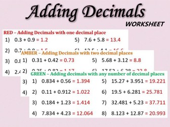 Adding Decimals Differentiated Worksheet