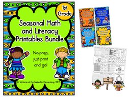 Seasonal No-Prep Math and Literacy Printables: 1st Grade Bundle