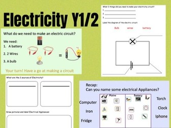 KS1 Y1 Y2 Electricity lesson Powerpoint and worksheet- electric circuit bulb, battery mains
