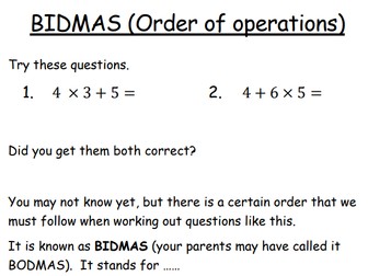 BIDMAS notes and exercises.  Ideal for both KS3 and KS4