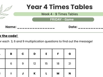 Year 4 Times Table Practise Week 4- 9x| 5-day Practise, game and test