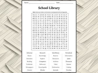 School Library Word Search Puzzle Worksheet Activity