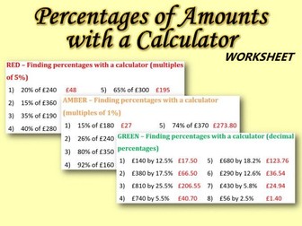 Percentages of Amounts with a Calculator Differentiated Worksheet