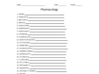 Pharmacology Word Scramble for Vet. Science Students