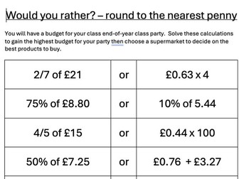 Would You Rather? - Fractions, decimals and percentages activity using money to budget for a party