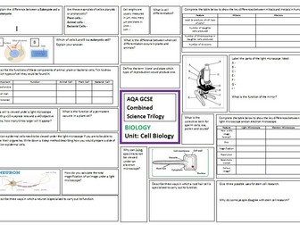 Cell Biology Revision Sheet for AQA GCSE Combined Science Trilogy (includes answer)