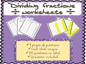 Dividing fractions worksheets (160 questions)