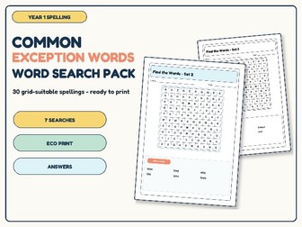 Year 1 Common Exception Words Word Search Pack | 7 Spelling Activities