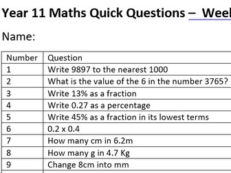 Foundation Maths Revision 100 Quick Questions Set 1 - Day 5