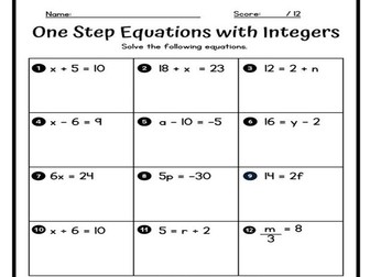 Solving One Step Equations TEST / WORKSHEET { All Operations }