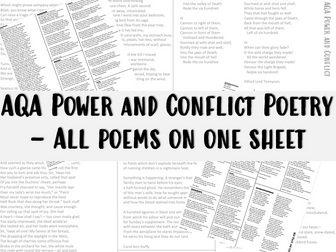 AQA Power and Conflict - All poems on one sheet.