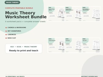 Complete Music Theory Worksheet Bundle | KS3 & GCSE | Chords, Cadences, Key Signatures & Bass Clef