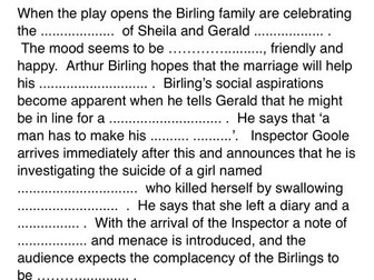 An Inspector Calls Cloze Activity & Answer sheet