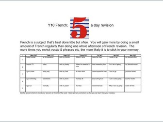 GCSE French Y10 summer holiday 5 a day revision challenge