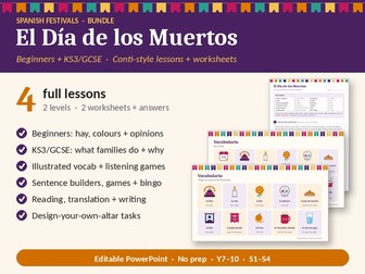 Día de los Muertos Conti-Style Bundle: 4 Spanish Lessons (at 2 levels) + 2 Worksheets