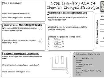 Electrolysis revision sheet - AQA Chemistry Chemical Changes