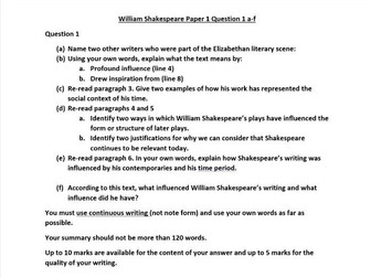 Shakespeare Context - Language Paper 1a-f Summary Practice Paper