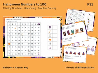 Halloween KS1 Numbers to 100: Missing Numbers, Maths Activities Plus RPS