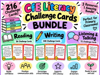 CfE Literacy Challenge Cards Bundle – Reading, Writing, Listening & Talking | 216 Cards A huge Curriculum for Excellence Literacy Challenge Cards/ Fast Finisher Bundle