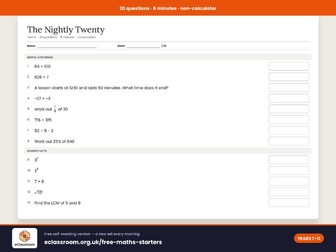 KS3 Maths Starters — 20 Questions in 5 Minutes (Years 7 & 8)