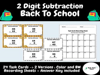 2 Digit Subtraction - No Regrouping | Task Cards + Answer Key | Back to School | First Grade