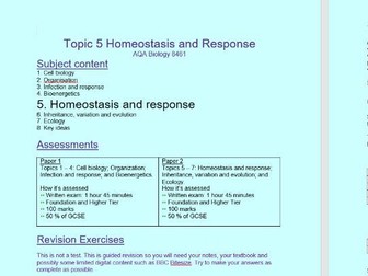 Revision booklet for AQA GCSE Biology 8461 Topic 5 - Homeostasis.